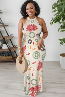 Light Khaki Geometric Print Flowers Stripe Contrast O Neck Dresses