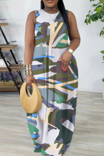 Gray Green Casual Geometric Print Flowers Pocket Contrast O Neck Printed Dresses