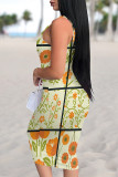 Beige Sexy Plaid Floral Print Contrast U Neck Printed Dresses