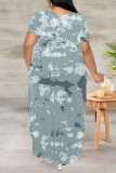 Baby Blue Casual Geometric Print Pocket Slit V Neck Printed Plus Size Dresses