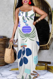 White Green Sexy Floral Print Cartoon Pocket Contrast V Neck Printed Dresses