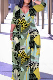 Camouflage Casual Geometric Print Lace Up Contrast V Neck Printed Plus Size Dresses
