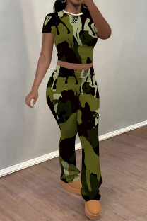 Light Green Casual Camouflage Print Contrast O Neck Short Sleeve Two Pieces