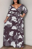 Camouflage Casual Geometric Print Lace Up Contrast V Neck Printed Plus Size Dresses