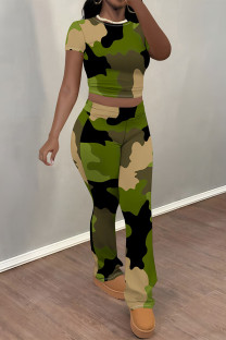 Army Green Casual Camouflage Print Contrast O Neck Short Sleeve Two Pieces