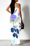 White Green Sexy Floral Print Cartoon Pocket Contrast V Neck Printed Dresses