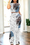Baby Blue Casual Geometric Print Pocket Contrast O Neck Short Sleeve Two Pieces
