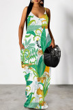 White Green Sexy Floral Print Cartoon Pocket Contrast V Neck Printed Dresses