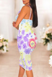 Blue Purple Sexy Flowers Print Contrast V Neck Wrapped Skirt Dresses