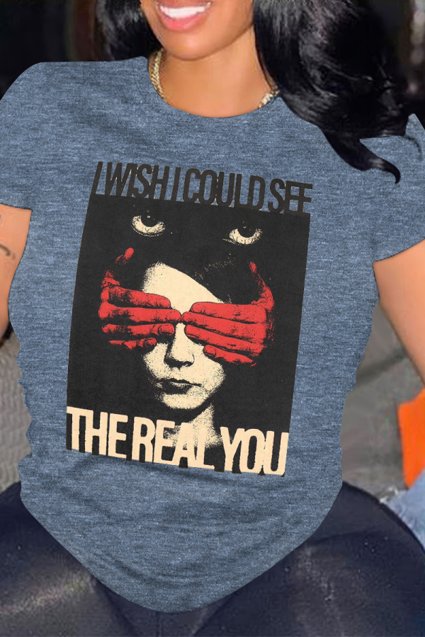 Blue Casual portrait O Neck Tops