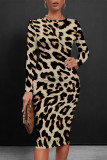 Blue Casual Floral Print Leopard Contrast O Neck Printed Dresses