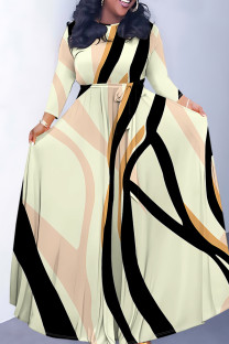 Light Yellow Elegant Striped Print Flowers Pocket With Belt Contrast O Neck Printed Dresses