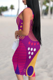 Rose Red Sexy Geometric Print Contrast U Neck Printed Dresses