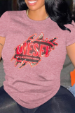 Blue Casual Letter Print O Neck Tops