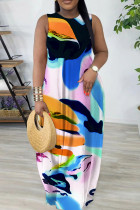 Multicolor Casual Geometric Print Flowers Pocket Contrast O Neck Printed Dresses
