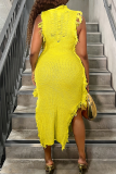 Fluorescent Yellow Sexy Solid Color Fringed Trim Turtleneck Long Dresses