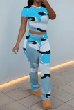 Multicolor Casual Camouflage Print Contrast O Neck Short Sleeve Two Pieces