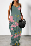 Cyanine Sexy Floral Print Pocket Contrast V Neck Printed Dresses