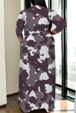 Camouflage Casual Geometric Print Lace Up Contrast V Neck Printed Plus Size Dresses