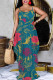 Peacock Blue Sexy Floral Print Pocket Contrast V Neck Printed Dresses