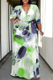Camouflage Casual Geometric Print Lace Up Contrast V Neck Printed Plus Size Dresses