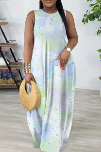 Turquoise Casual Geometric Print Flowers Pocket Contrast O Neck Printed Dresses