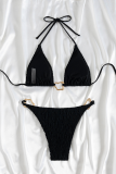 Black Sexy Solid Color Metal Accessories Trim Swimwears