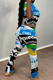 White Casual Graffiti Print Contrast O Neck Short Sleeve Two Pieces