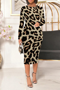Leopard Print Casual Floral Print Leopard Contrast O Neck Printed Dresses