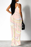 Light Purple Sexy Geometric Print Pocket Contrast V Neck Printed Dresses