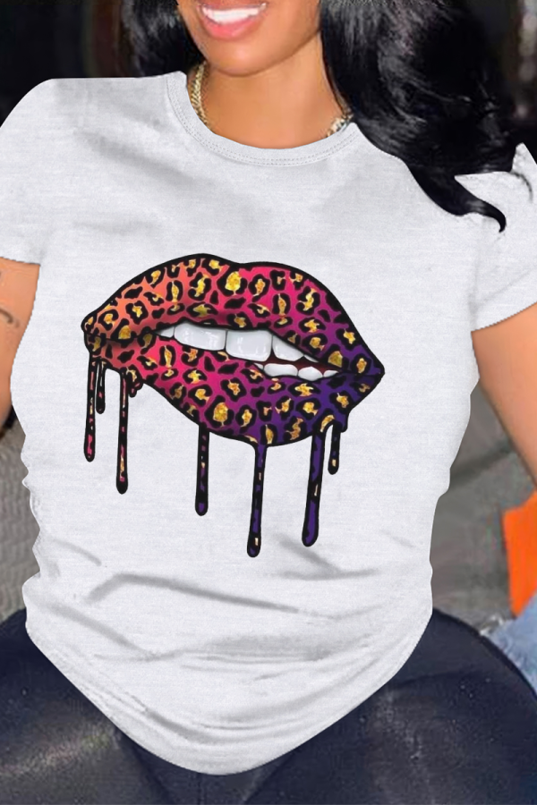 White Casual Lips Print O Neck Tops