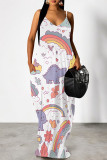 White Green Sexy Floral Print Cartoon Pocket Contrast V Neck Printed Dresses