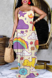 White Green Sexy Floral Print Cartoon Pocket Contrast V Neck Printed Dresses