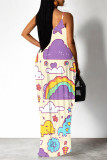 White Green Sexy Floral Print Cartoon Pocket Contrast V Neck Printed Dresses