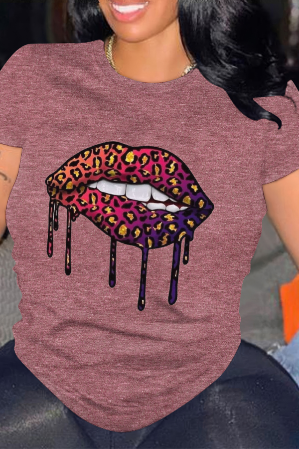 Purplish Red Casual Lips Print O Neck Tops