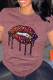 Purplish Red Casual Lips Print O Neck Tops