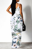 White Green Sexy Floral Print Cartoon Pocket Contrast V Neck Printed Dresses