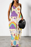 White Green Sexy Floral Print Cartoon Pocket Contrast V Neck Printed Dresses