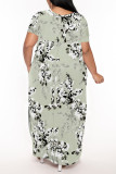 Baby Blue Casual Geometric Print Pocket Slit V Neck Printed Plus Size Dresses