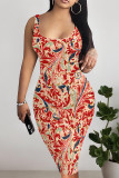 Red Sexy National Totem Print Contrast U Neck Printed Dresses