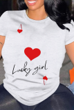 Pink Daily Letter Print Heart Shaped Contrast O Neck Tops