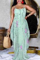 Cyan Sexy Geometric Print Pocket Contrast V Neck Printed Dresses