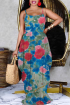 Blue Sexy Floral Print Pocket Contrast V Neck Printed Dresses