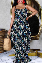 Navy Blue Casual Cartoon Print Flowers Letters Pocket Contrast V Neck Printed Dresses