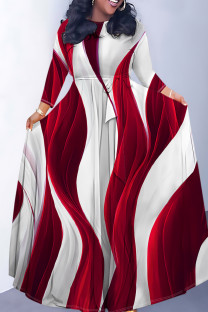 Burgundy Elegant Striped Print Flowers Pocket With Belt Contrast O Neck Printed Dresses