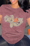 Pink Casual Letter Print Leopard O Neck Tops