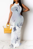 Blue Purple Geometric Print Flowers Stripe Contrast O Neck Dresses