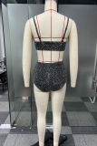 Black Daily Patchwork Hot Drill Conventional Collar Long Sleeve Three Piece Set
