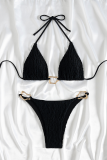 Black Sexy Solid Color Metal Accessories Trim Swimwears