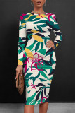 Blue Casual Floral Print Leopard Contrast O Neck Printed Dresses